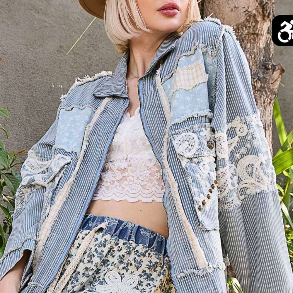 POL New Collection Oversized Small Blue Jean Jacket with Lace and Patchwork.NWOT